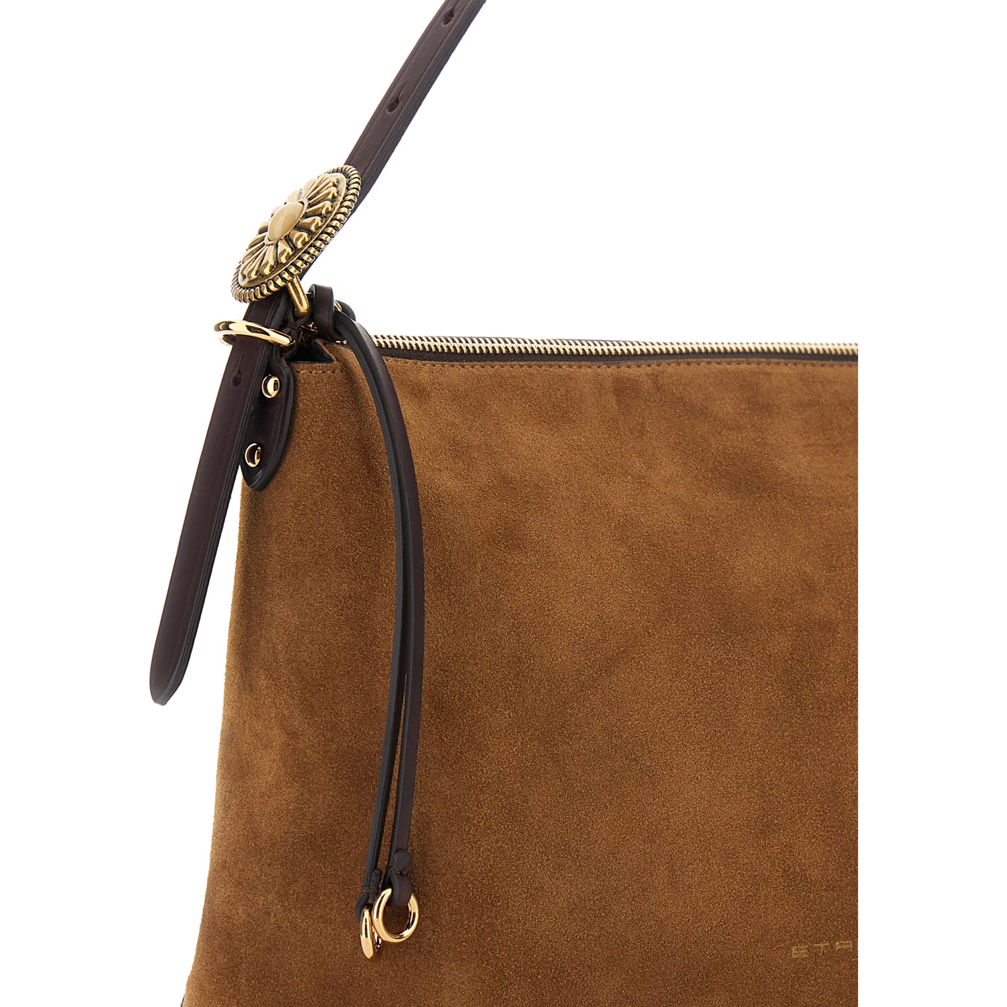 Brown Shoulder bag with adjustable strap and Logo lettering on the front in suede for women