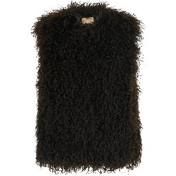 Brown Sleeveless crew-neck vest with hidden front closure in faux fur for women