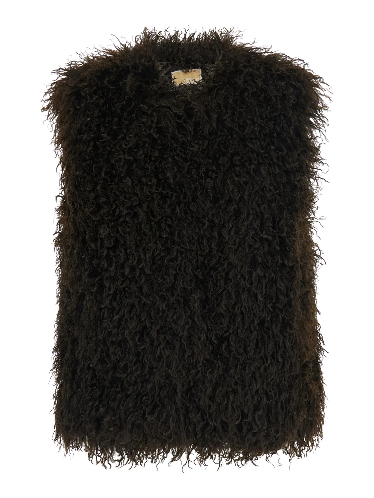 Brown Sleeveless crew-neck vest with hidden front closure in faux fur for women