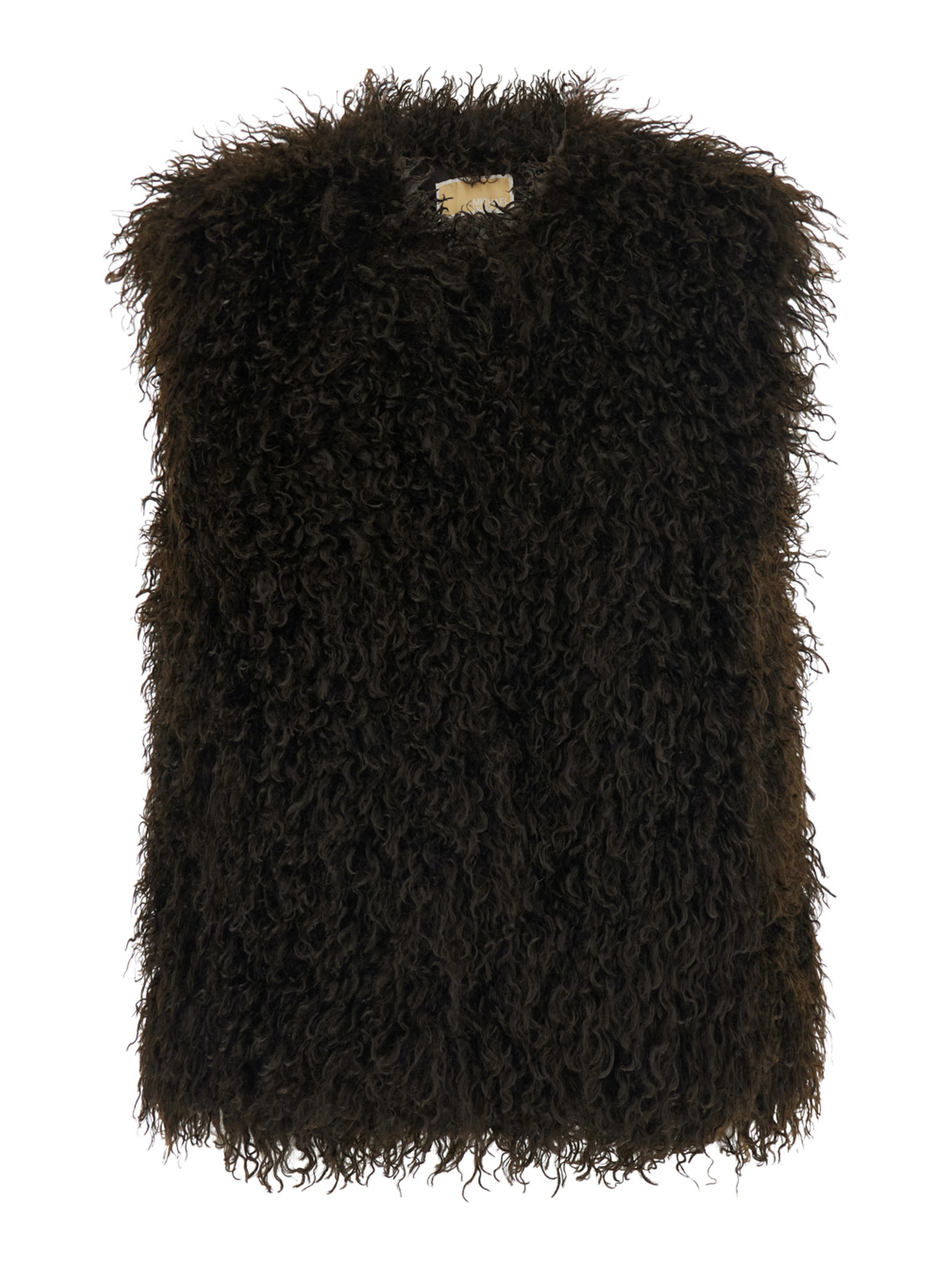 Brown Sleeveless crew-neck vest with hidden front closure in faux fur for women