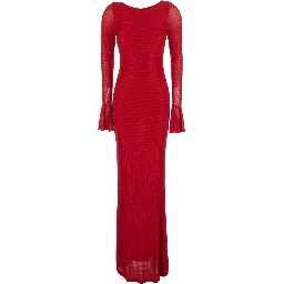 Red Long Dress with Wide Back Neckline and Applied Rhinestones in Fabric for Women