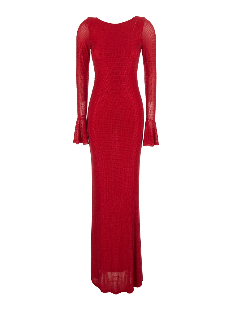 Red Long Dress with Wide Back Neckline and Applied Rhinestones in Fabric for Women