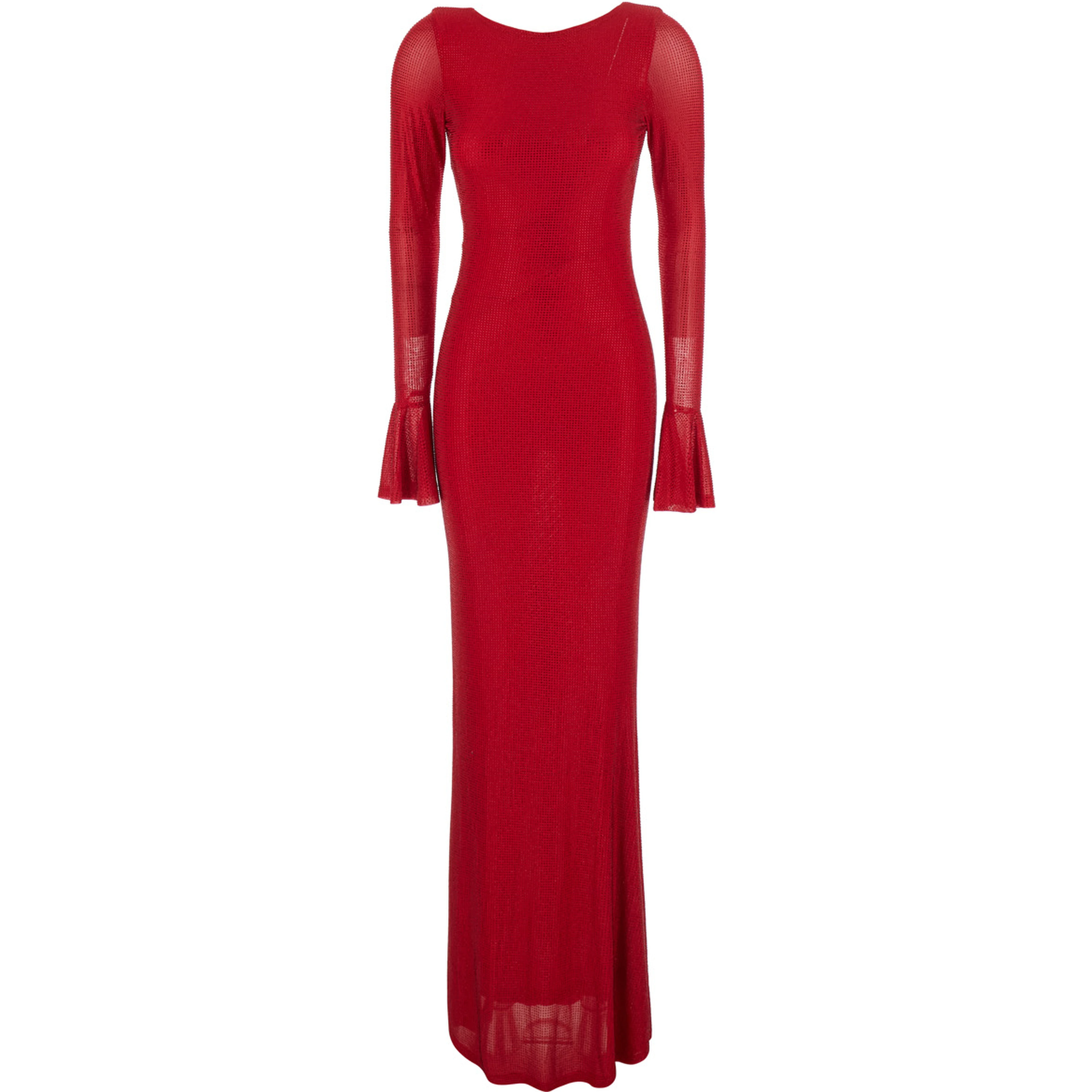 Red Long Dress with Wide Back Neckline and Applied Rhinestones in Fabric for Women