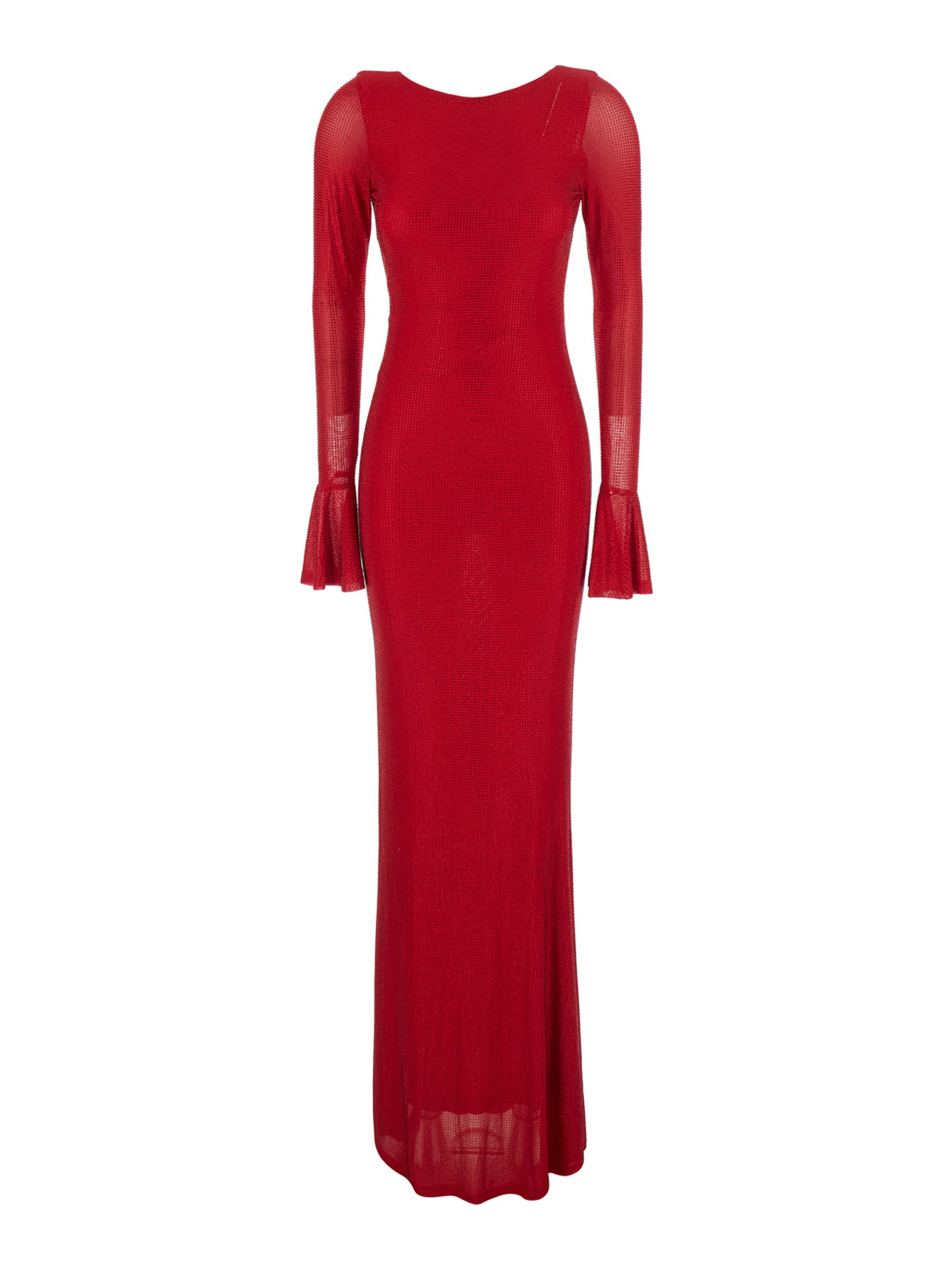 Red Long Dress with Wide Back Neckline and Applied Rhinestones in Fabric for Women