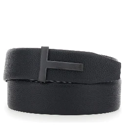 Icon T black Belt with T-shaped buckle in grained leather for men
