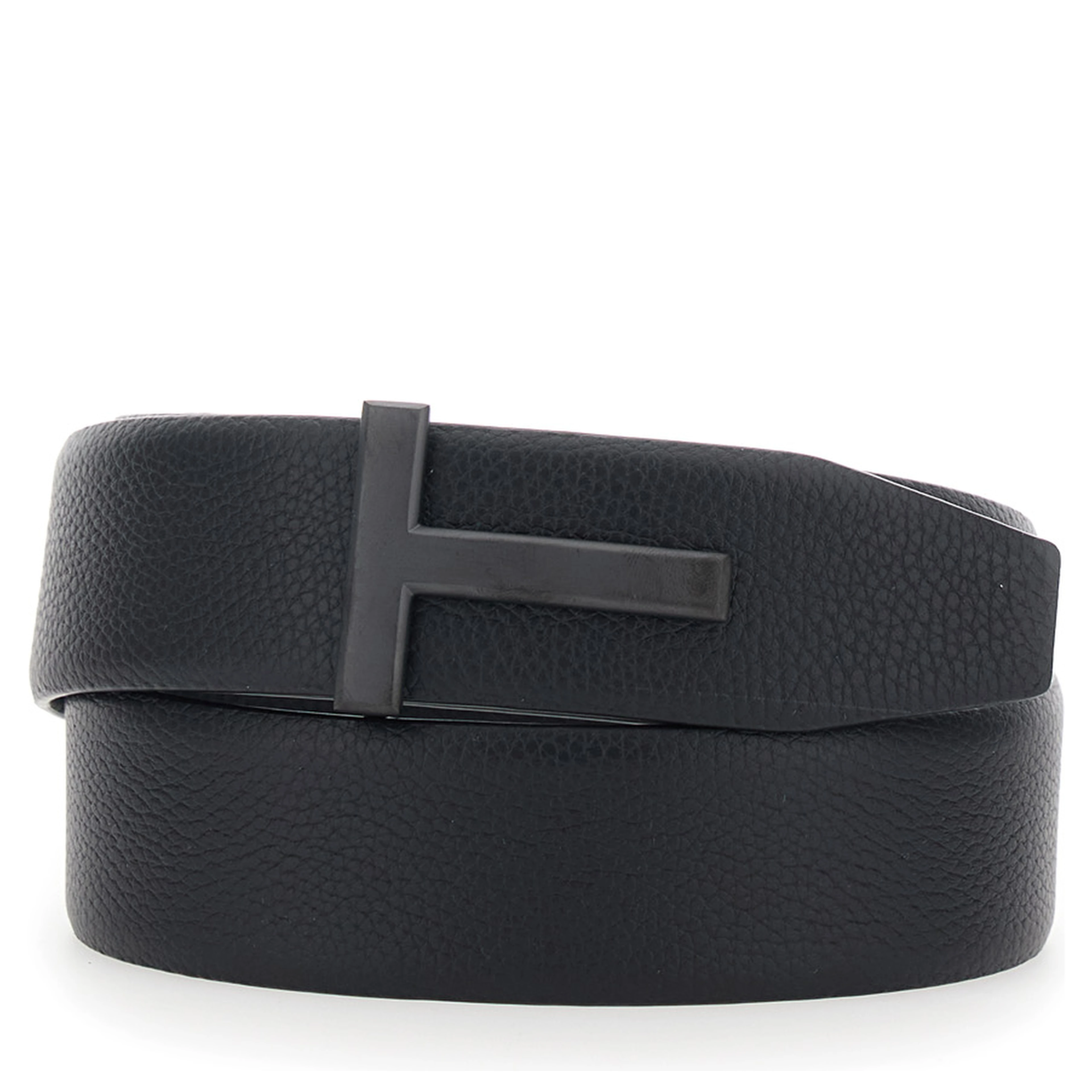 Icon T black Belt with T-shaped buckle in grained leather for men