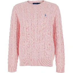 Pink Crewneck Sweater with Pony Patch on the Front and Cable Knit in Cotton for Men