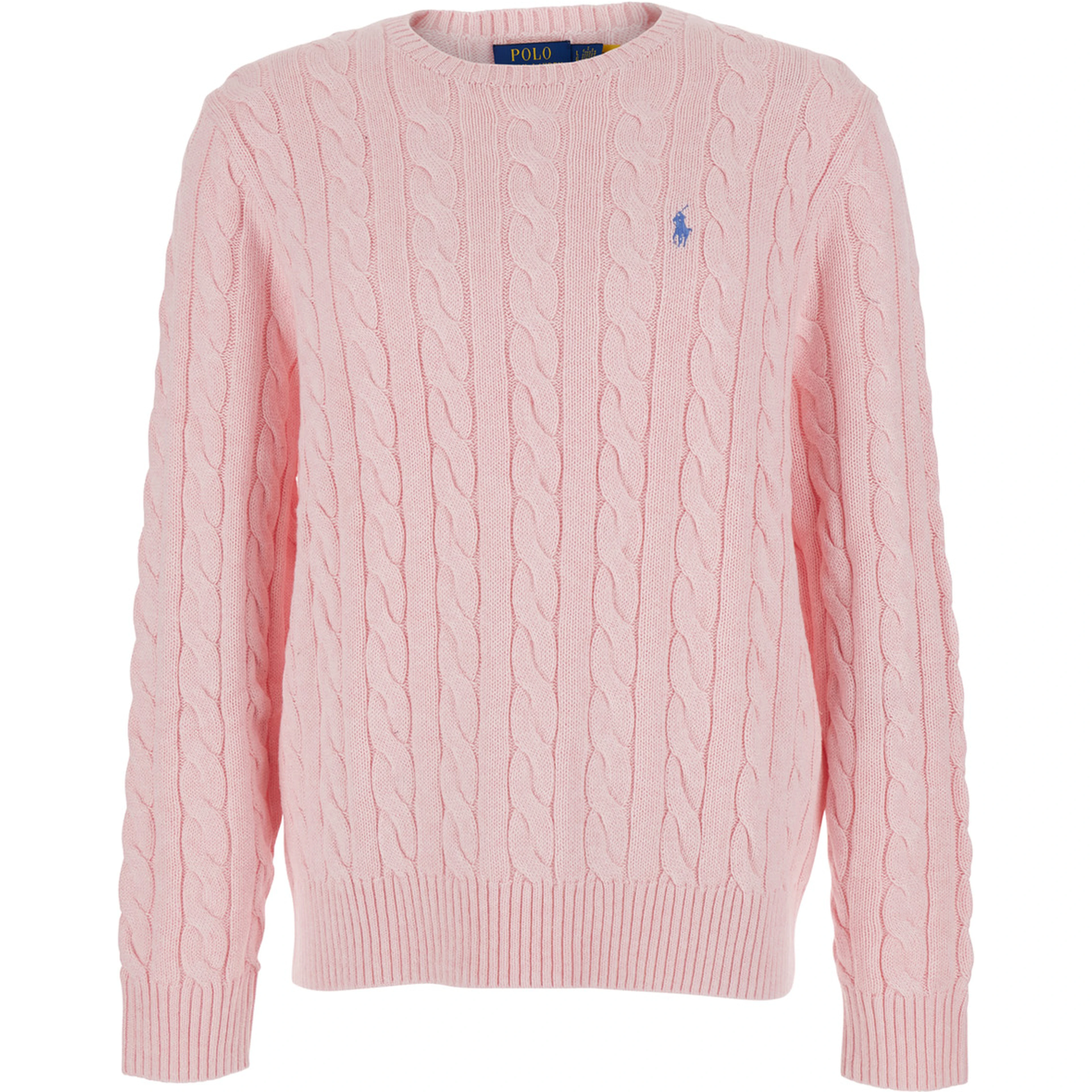 Pink Crewneck Sweater with Pony Patch on the Front and Cable Knit in Cotton for Men