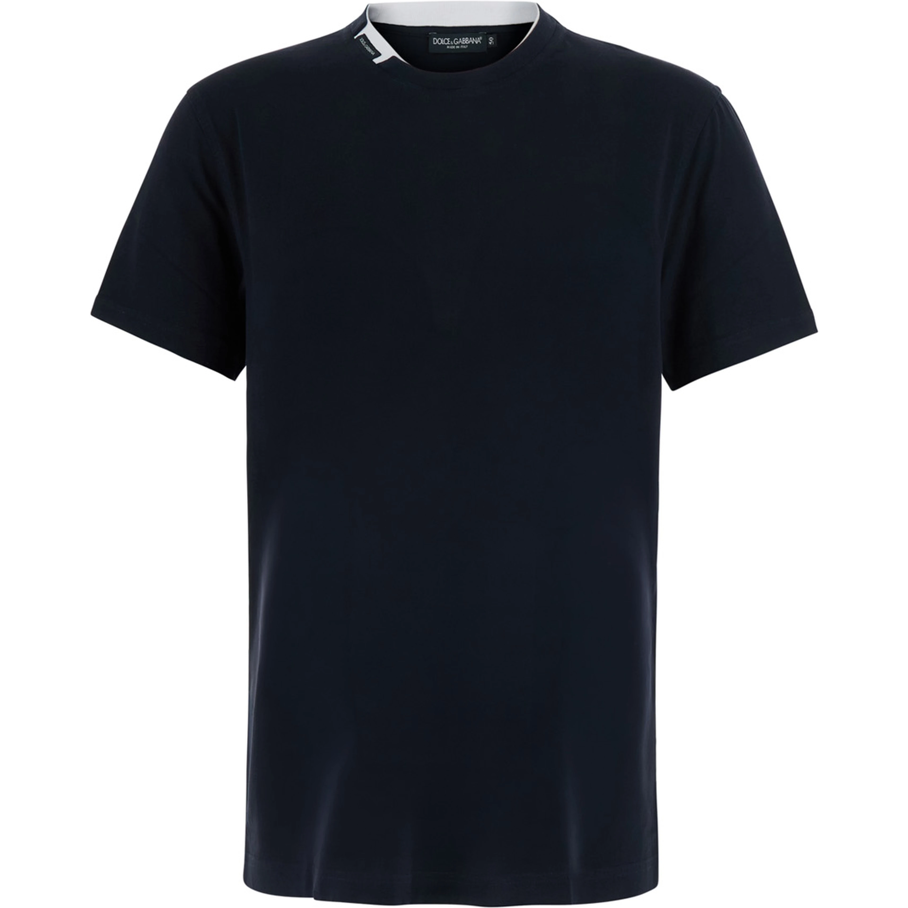 Blue Crew neck T-shirt with logo patch on the neck in cotton for men