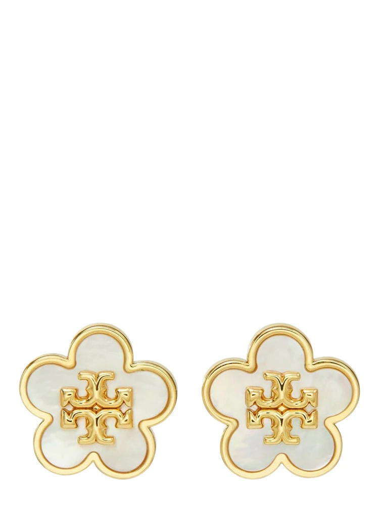 Forget Me Not Gold-Colored Earrings with Mother of Pearl and Floral Silhouette in Brass Blend for Women