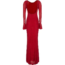 Red Long Dress with Wide Back Neckline and Applied Rhinestones in Fabric for Women
