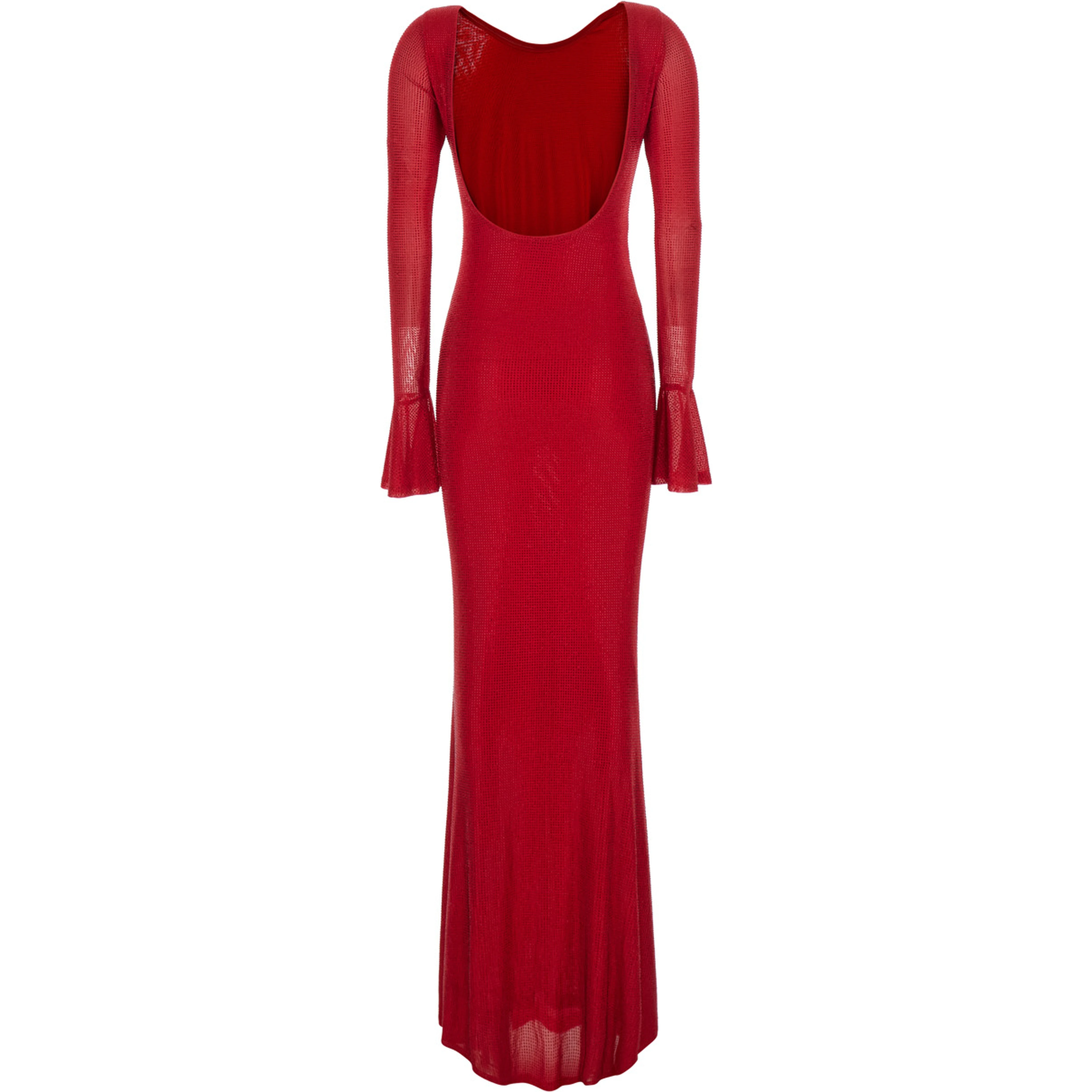 Red Long Dress with Wide Back Neckline and Applied Rhinestones in Fabric for Women