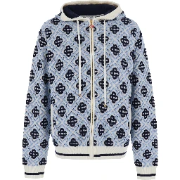 Light blue Hooded sweatshirt with drawstring and all-over logo motif in wool Man
