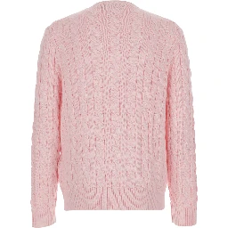 Pink Crewneck Sweater with Pony Patch on the Front and Cable Knit in Cotton for Men
