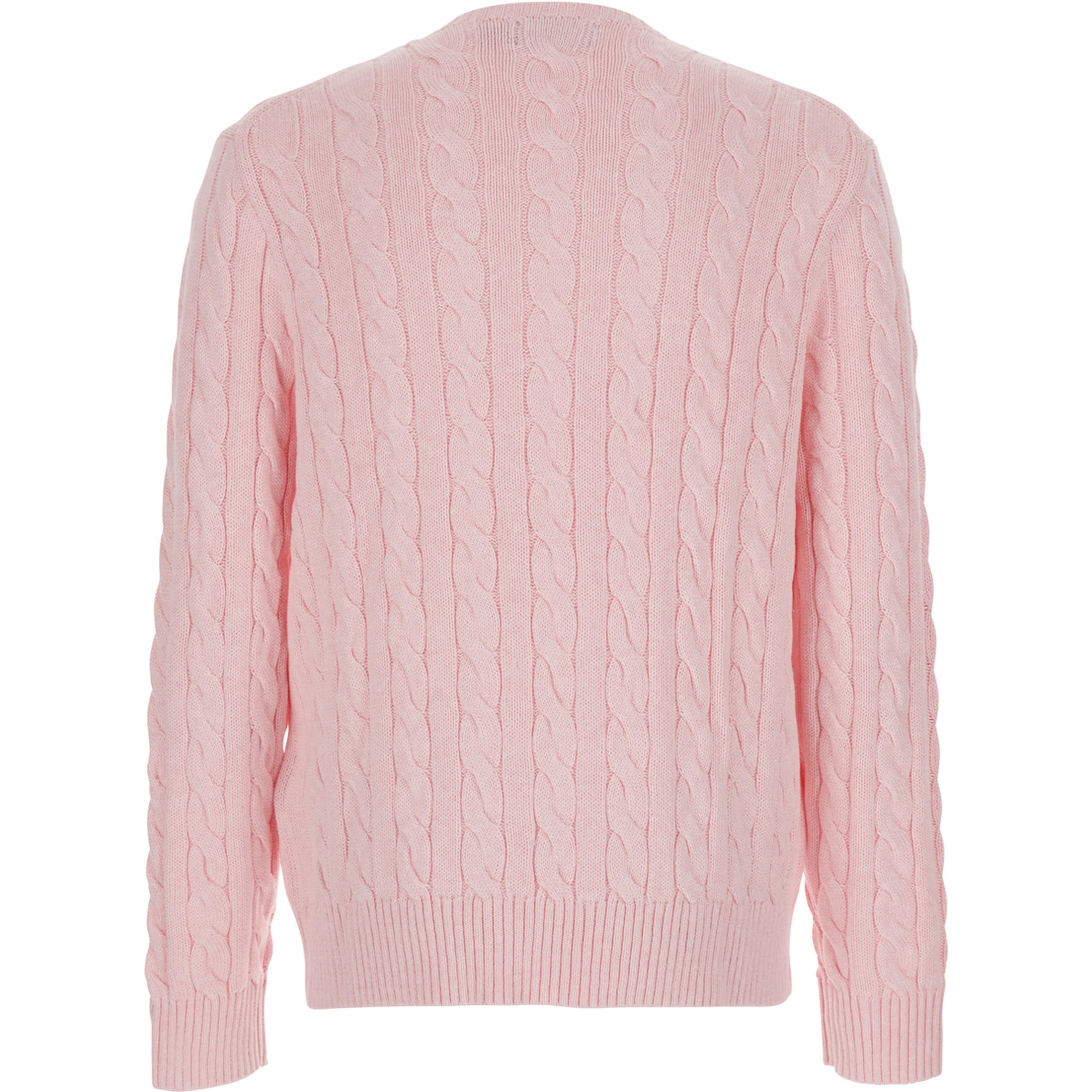 Pink Crewneck Sweater with Pony Patch on the Front and Cable Knit in Cotton for Men