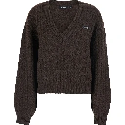 Brown Sweater with V-Neck and Cable Knit in Wool and Cashmere for Women