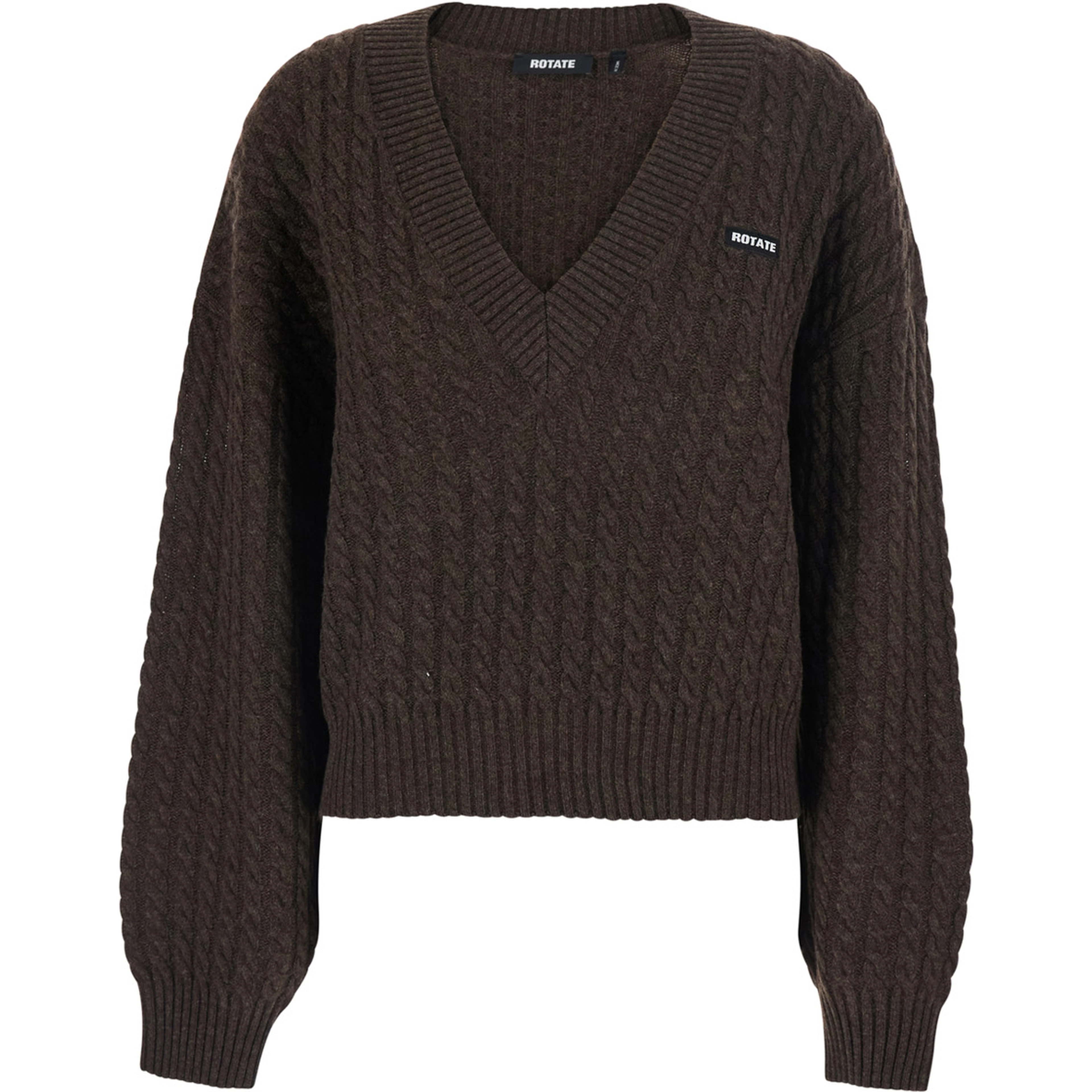 Brown Sweater with V-Neck and Cable Knit in Wool and Cashmere for Women