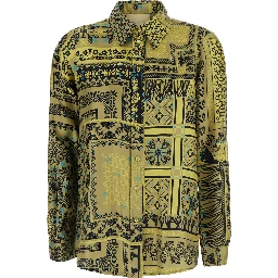 Yellow Shirt with classic collar and all-over print in  silk for women