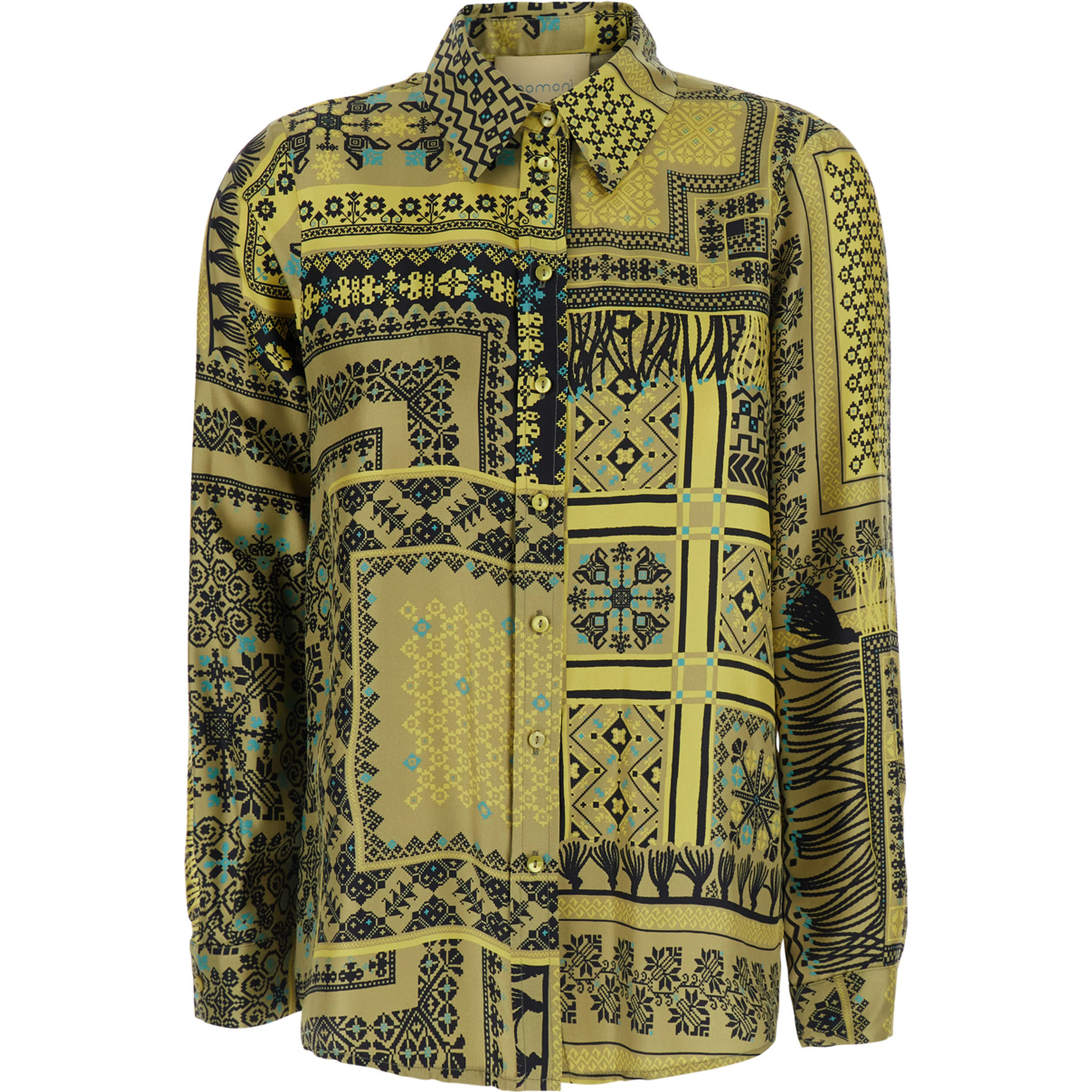 Yellow Shirt with classic collar and all-over print in  silk for women