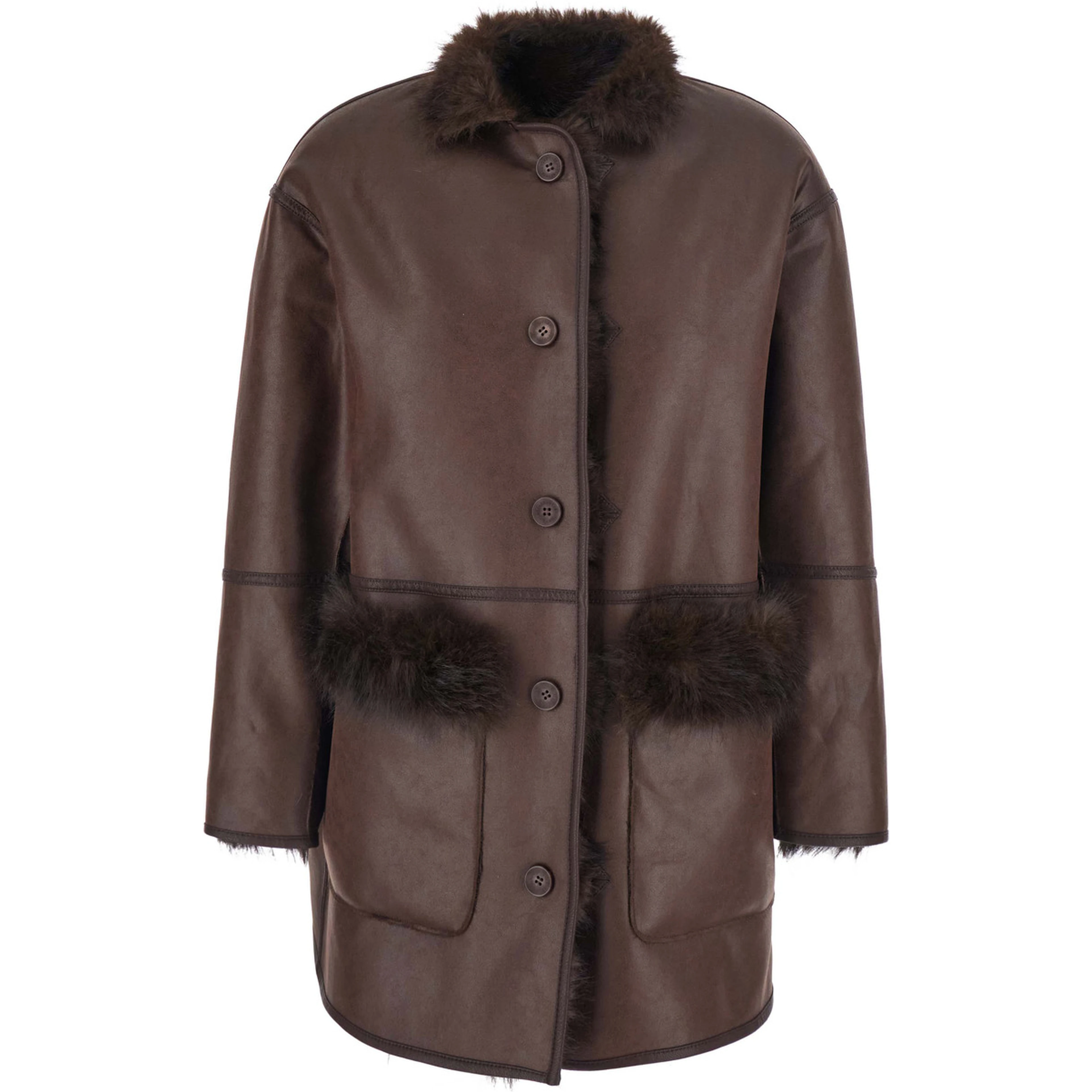 brown fur coat with high collar and reversible design in Faux fur for women