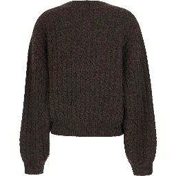 Brown Sweater with V-Neck and Cable Knit in Wool and Cashmere for Women