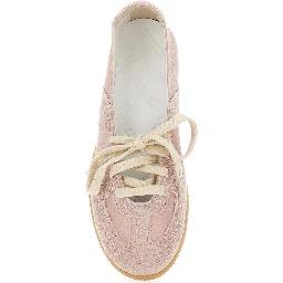 Pink Low Top Sneakers with Laces on the Front in Leather and Suede for Women