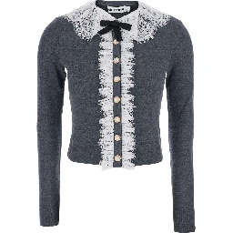 Grey cardigan with lace collar in wool for women