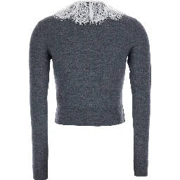 Grey cardigan with lace collar in wool for women
