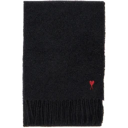 Black Scarf with fringed hem and ADC embroidery on the front in wool for men