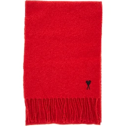 Wool Scarf with AMI de Coeur Embroidery Red Unisex