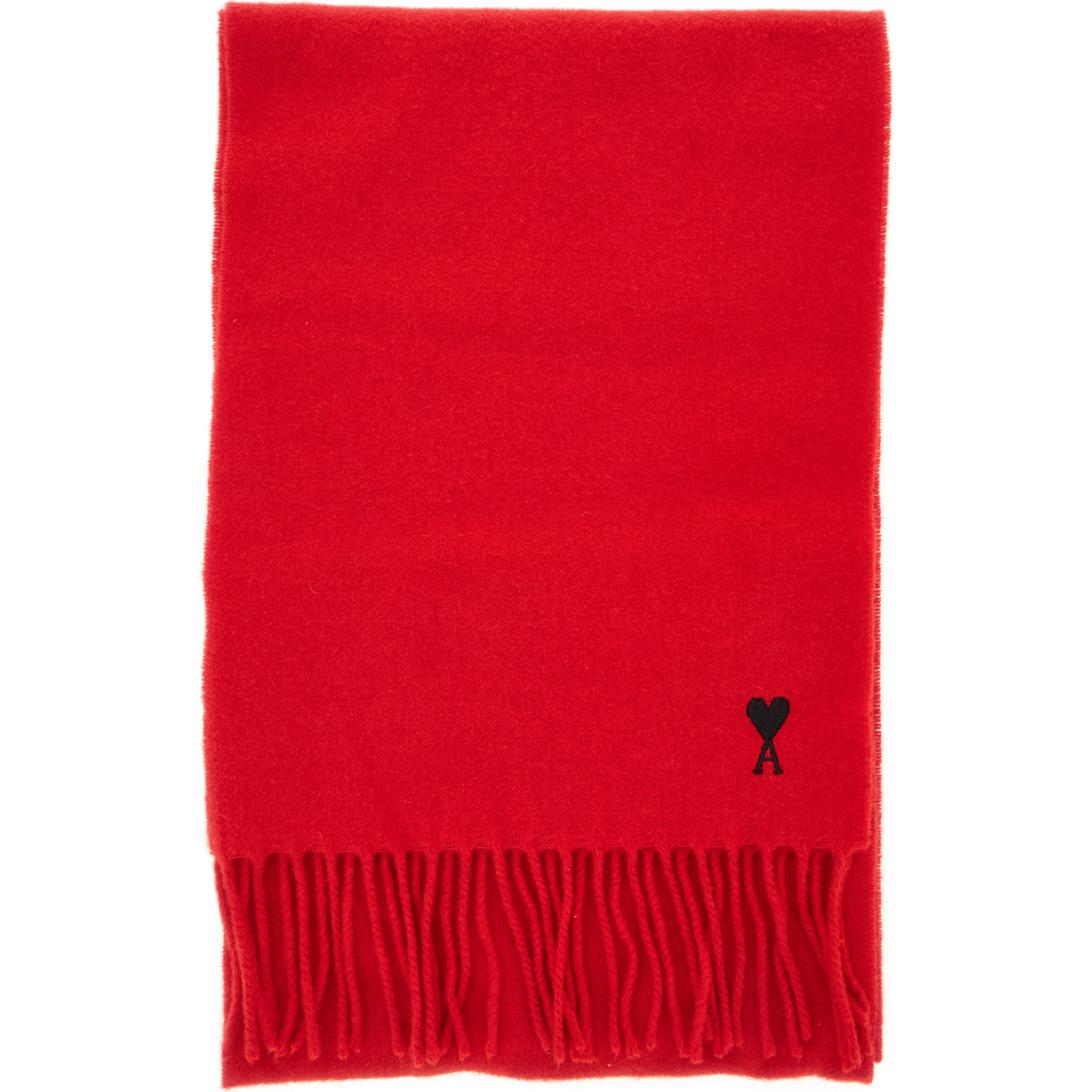 Wool Scarf with AMI de Coeur Embroidery Red Unisex