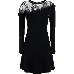 Black Round Neck Dress with Front Lace Embroidery in Wool for Women