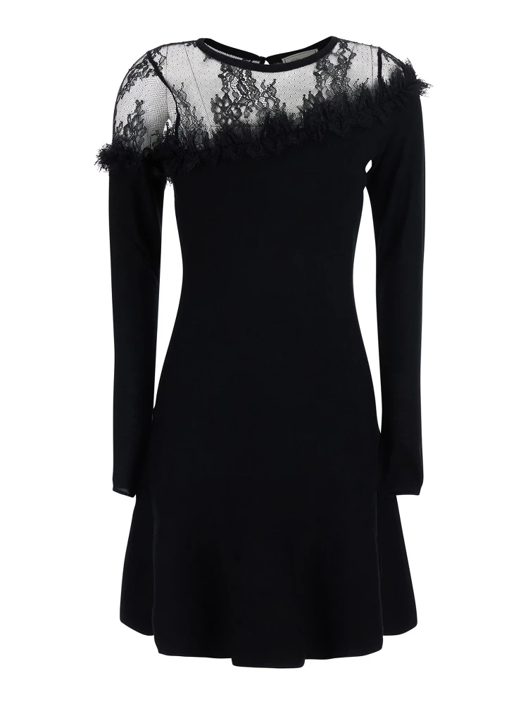 Black Round Neck Dress with Front Lace Embroidery in Wool for Women