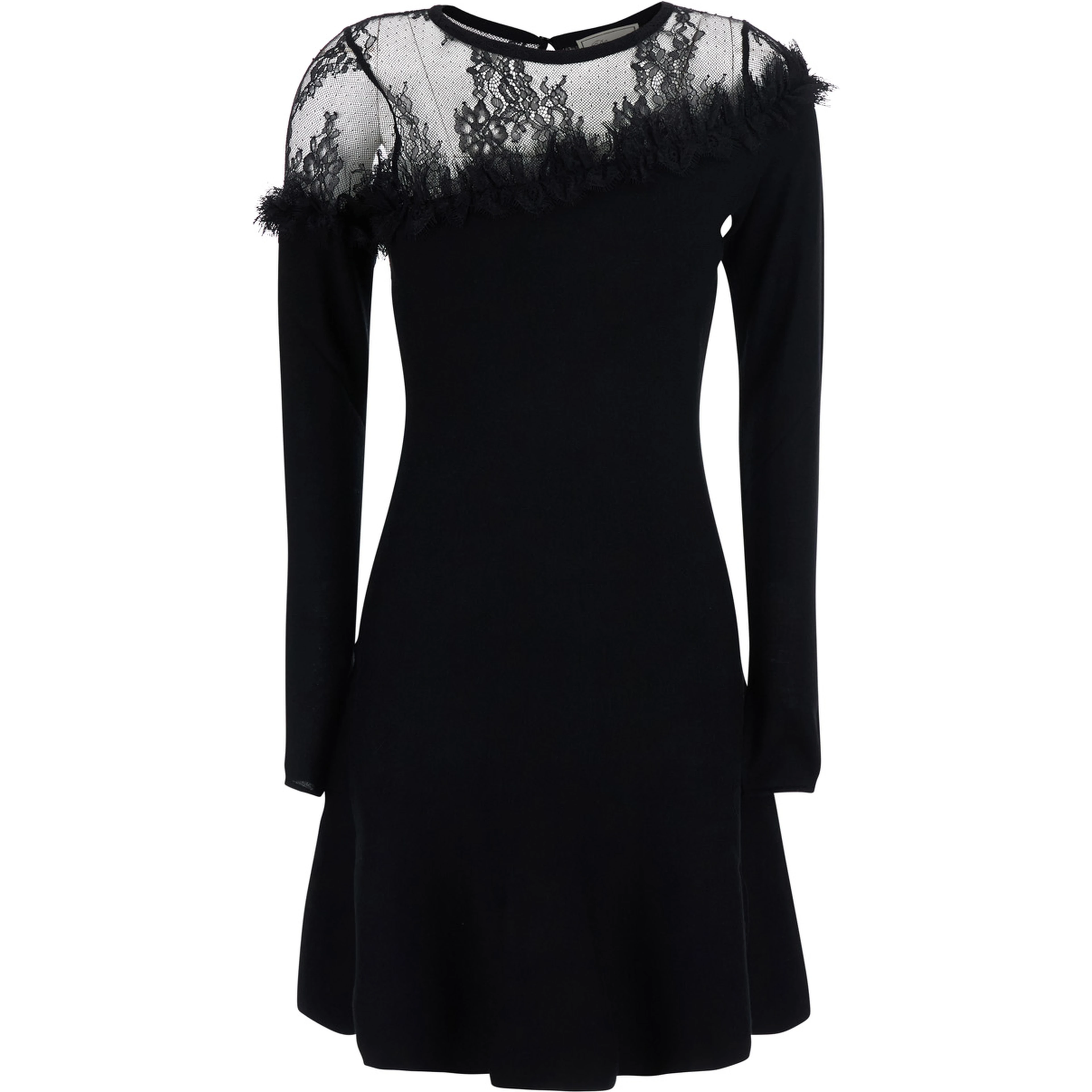 Black Round Neck Dress with Front Lace Embroidery in Wool for Women