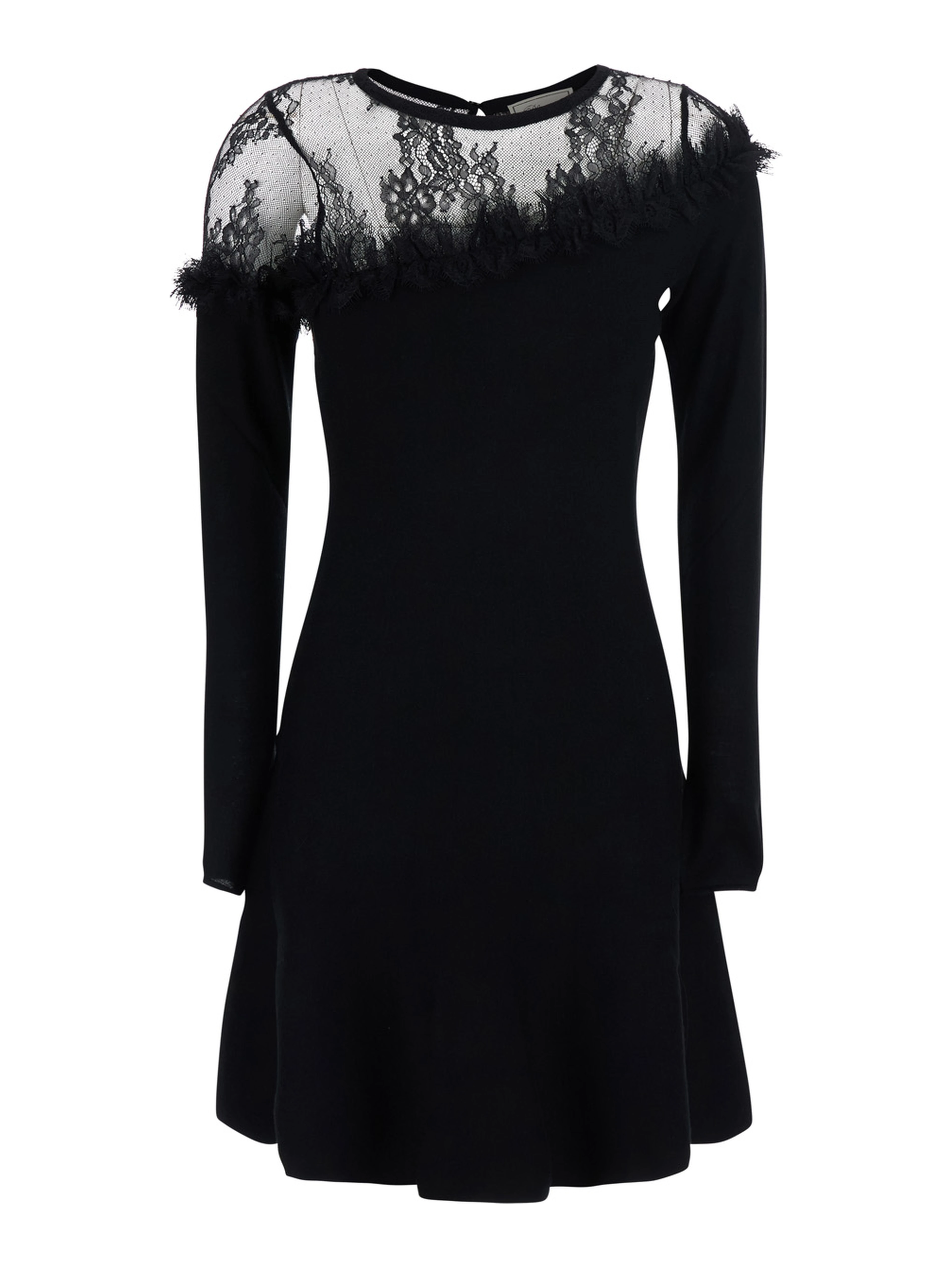 Black Round Neck Dress with Front Lace Embroidery in Wool for Women