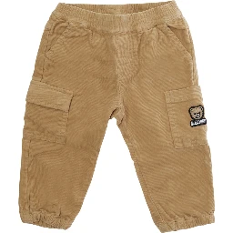 brown trousers with side pocket and logo patch in velvet baby