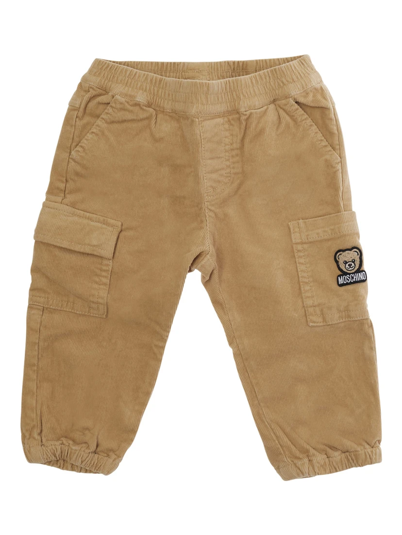 brown trousers with side pocket and logo patch in velvet baby
