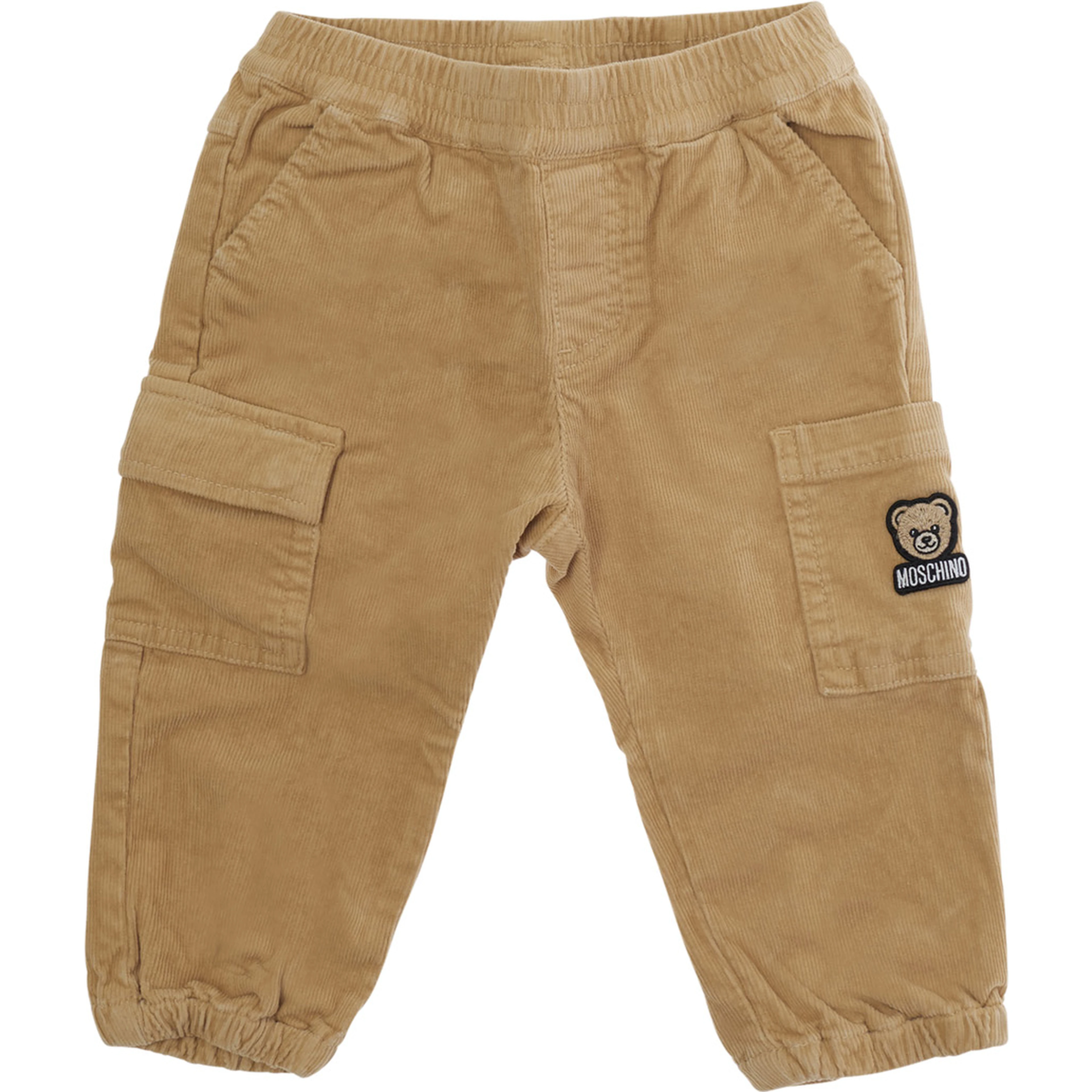 brown trousers with side pocket and logo patch in velvet baby