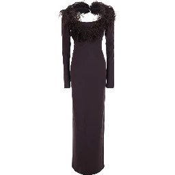 Brown Long Dress with Feathers on the Neck and Logo Patch on the Back in Cotton for Women