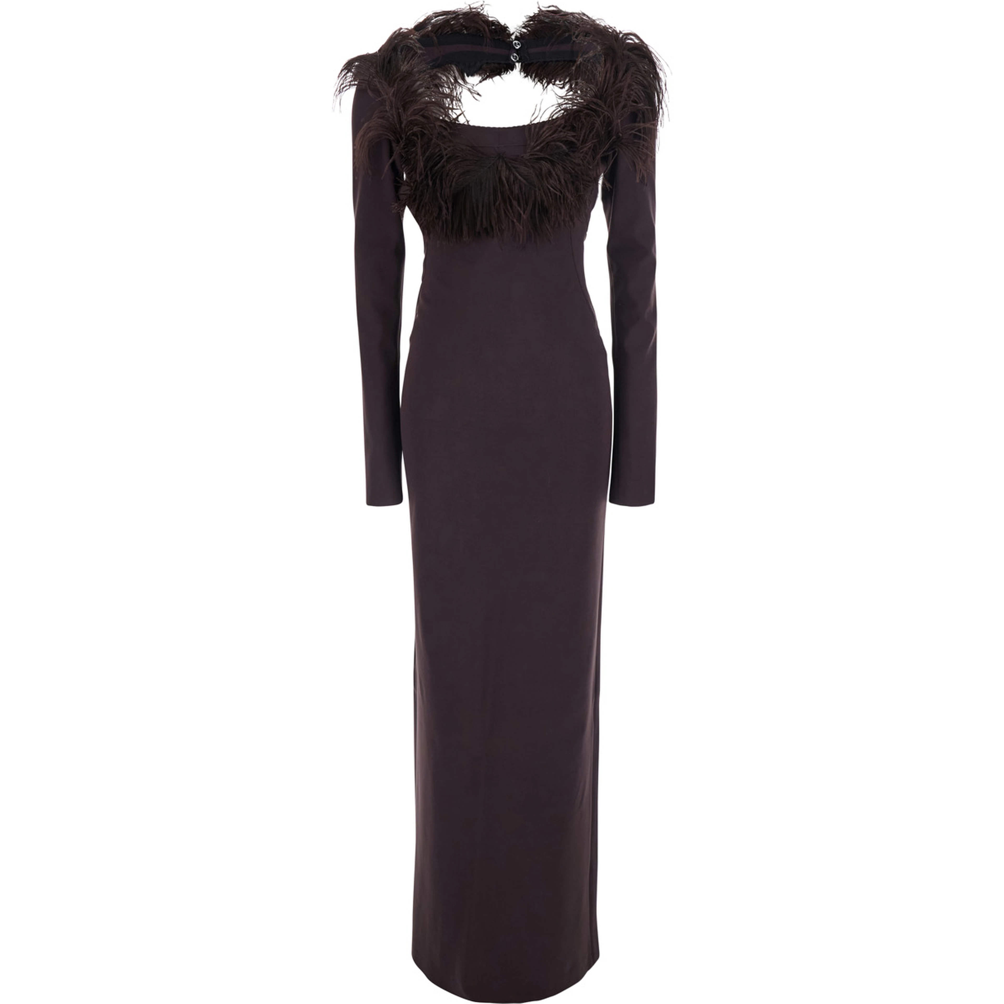 Brown Long Dress with Feathers on the Neck and Logo Patch on the Back in Cotton for Women