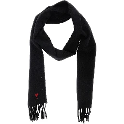 Black Scarf with fringed hem and ADC embroidery on the front in wool for men