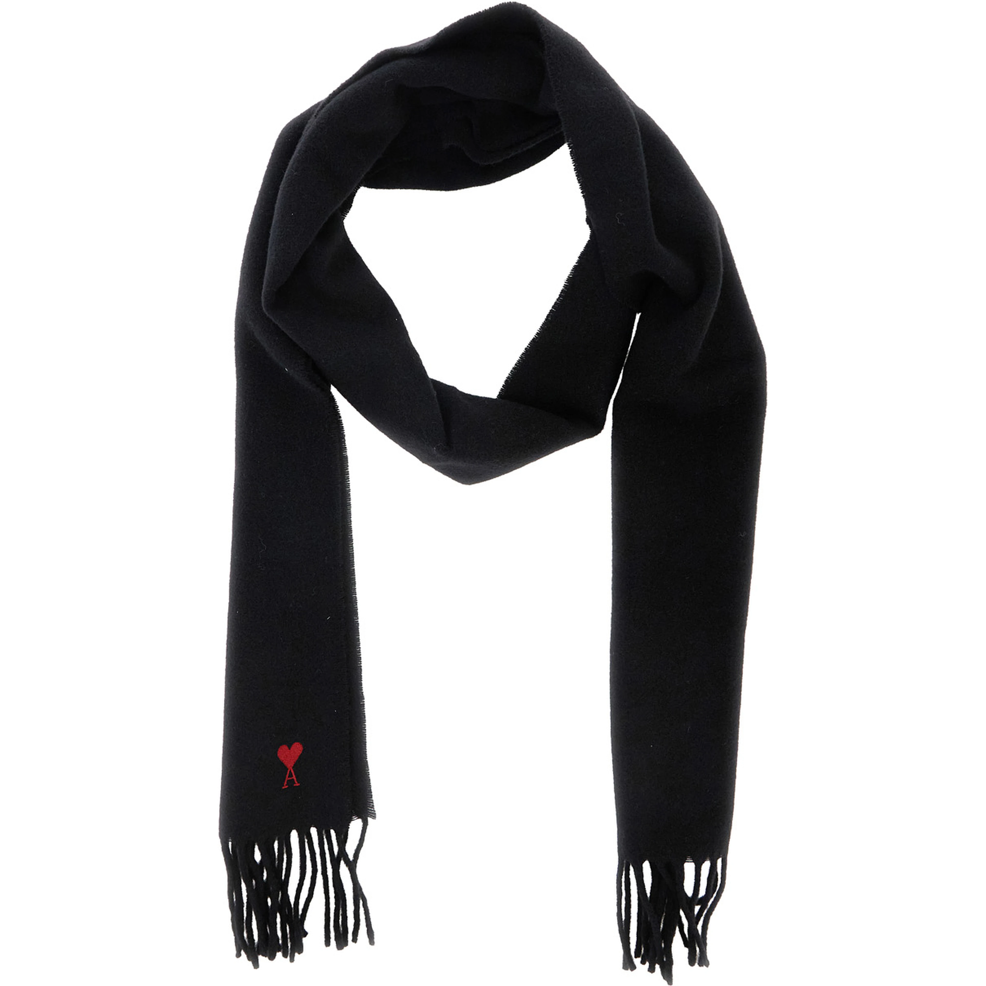 Black Scarf with fringed hem and ADC embroidery on the front in wool for men