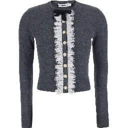 Grey cardigan with lace collar in wool for women
