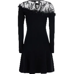 Black Round Neck Dress with Front Lace Embroidery in Wool for Women