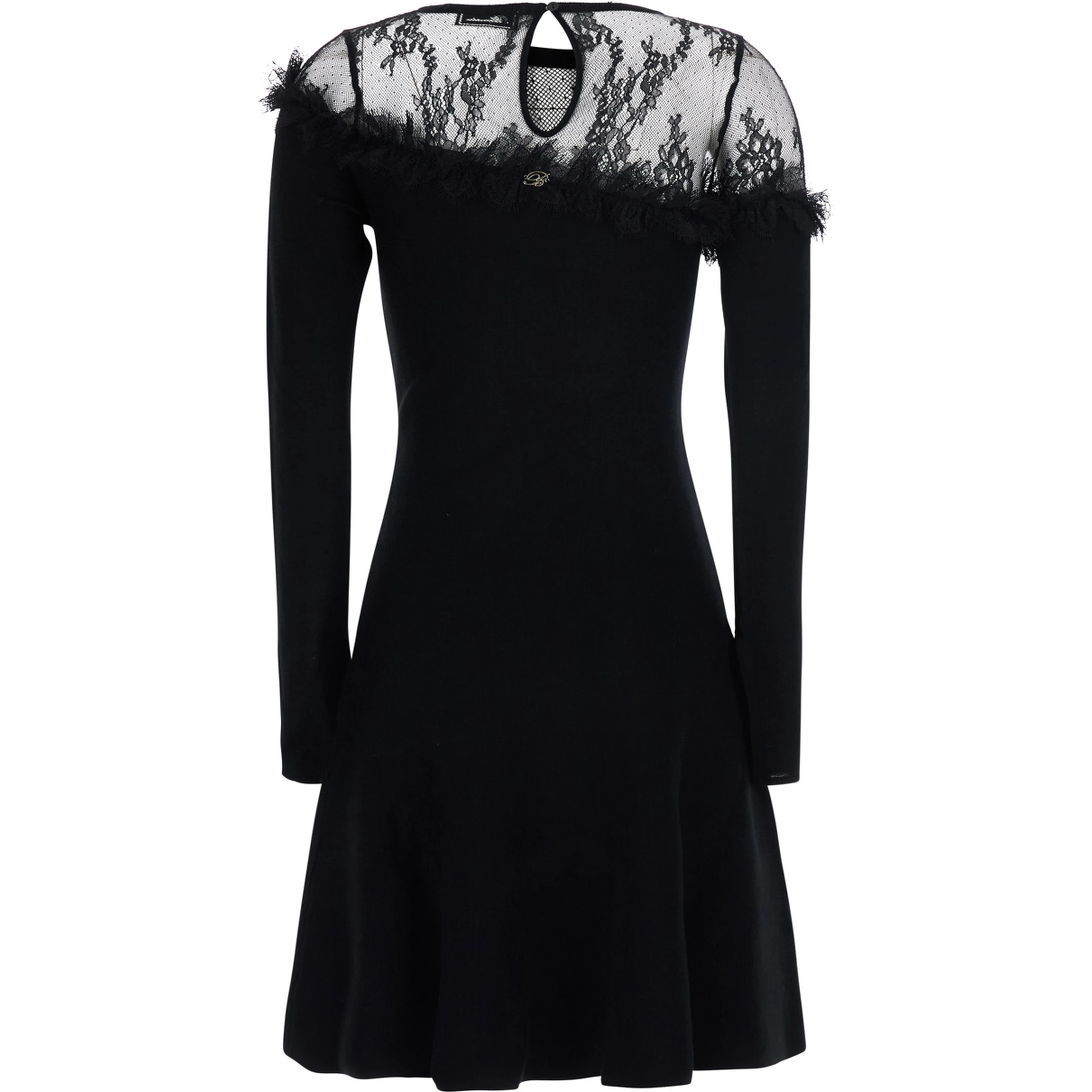 Black Round Neck Dress with Front Lace Embroidery in Wool for Women