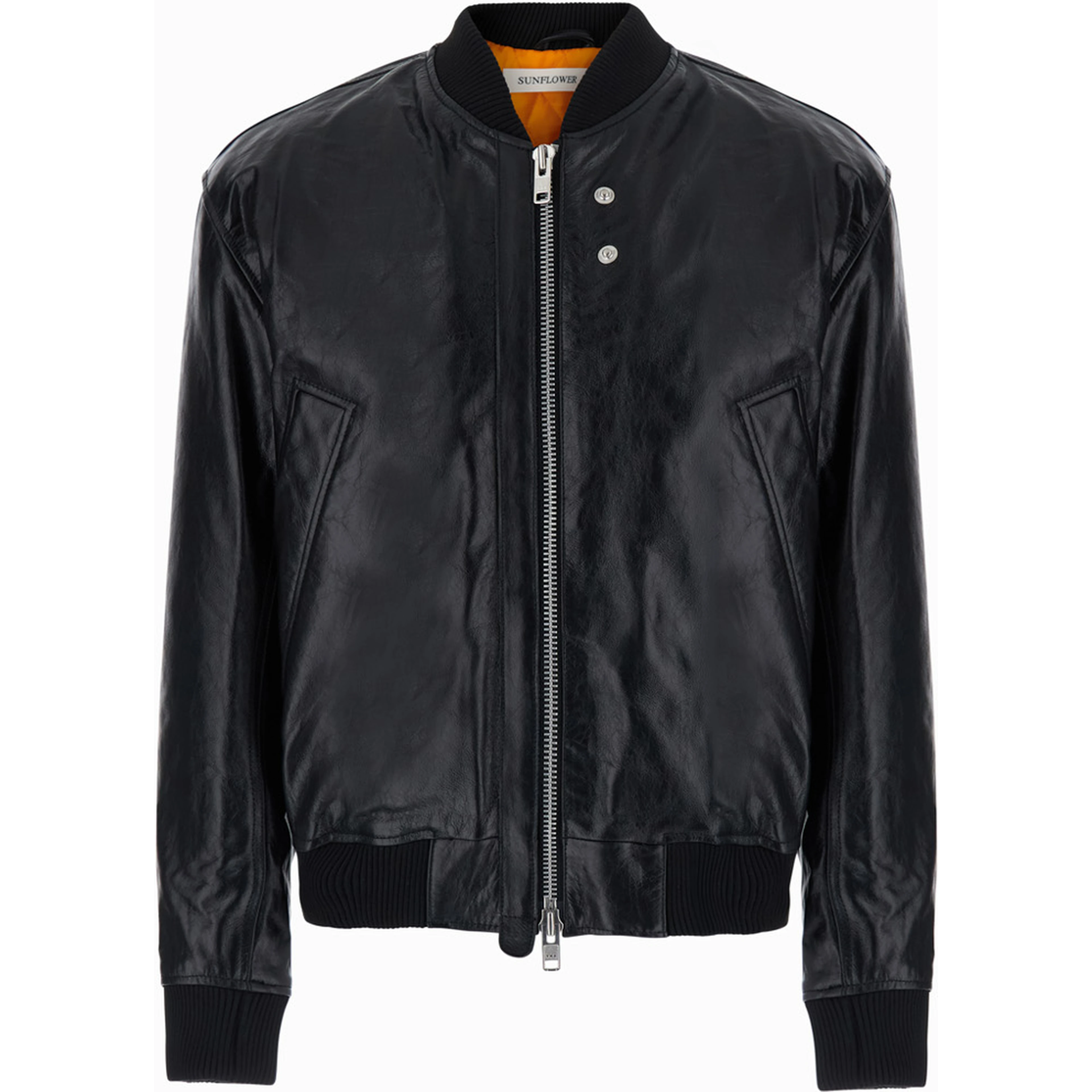 Black bomber jacket with zip closure and side pockets in leather men