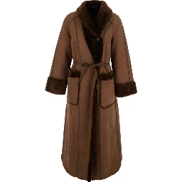 brown Long fur coat with reversible design and waist belt in eco-fur for women