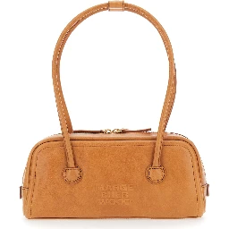 Soft Boston Ew Brown Shoulder bag with Two Top Handles and Logo lettering on the Front in Leather for Women