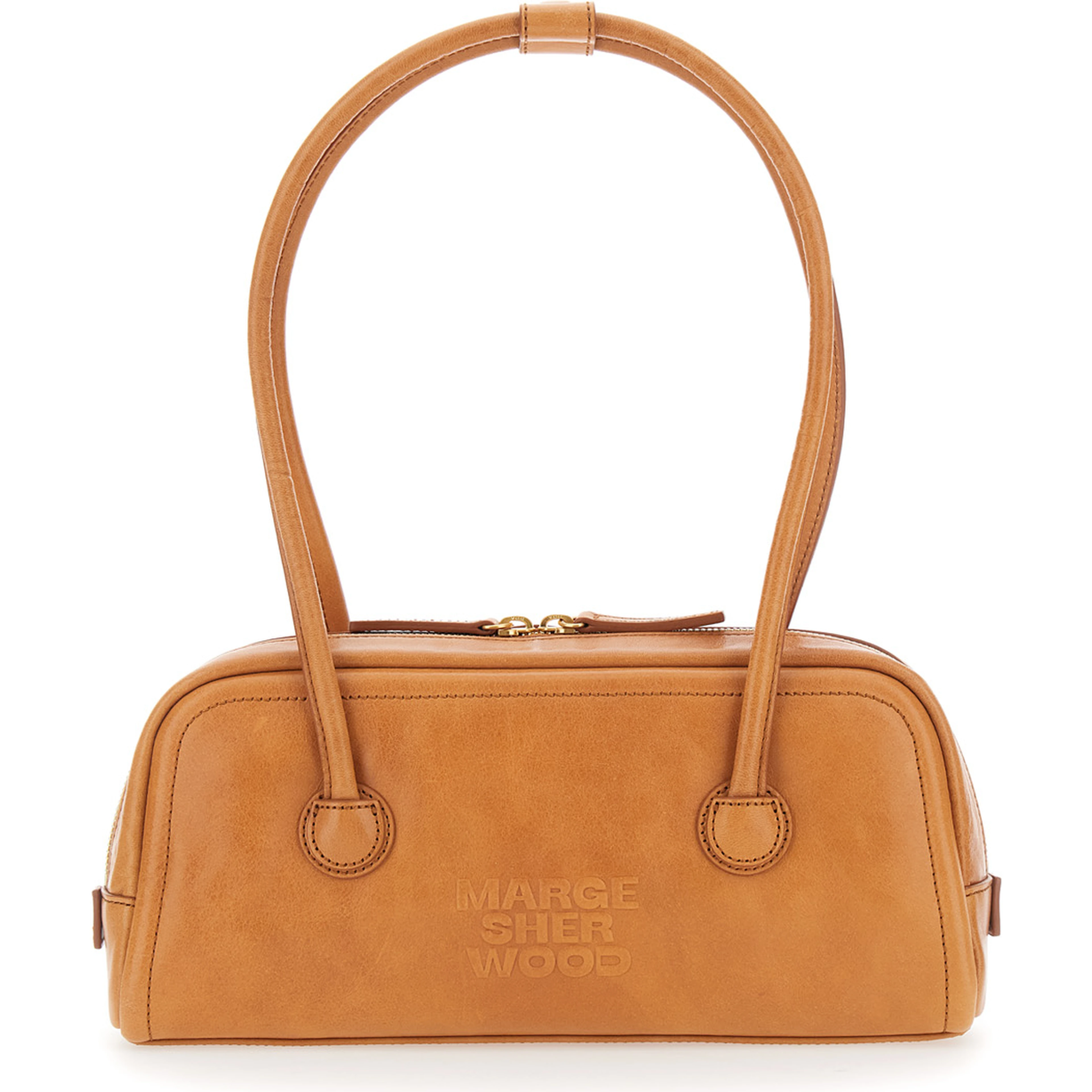 Soft Boston Ew Brown Shoulder bag with Two Top Handles and Logo lettering on the Front in Leather for Women