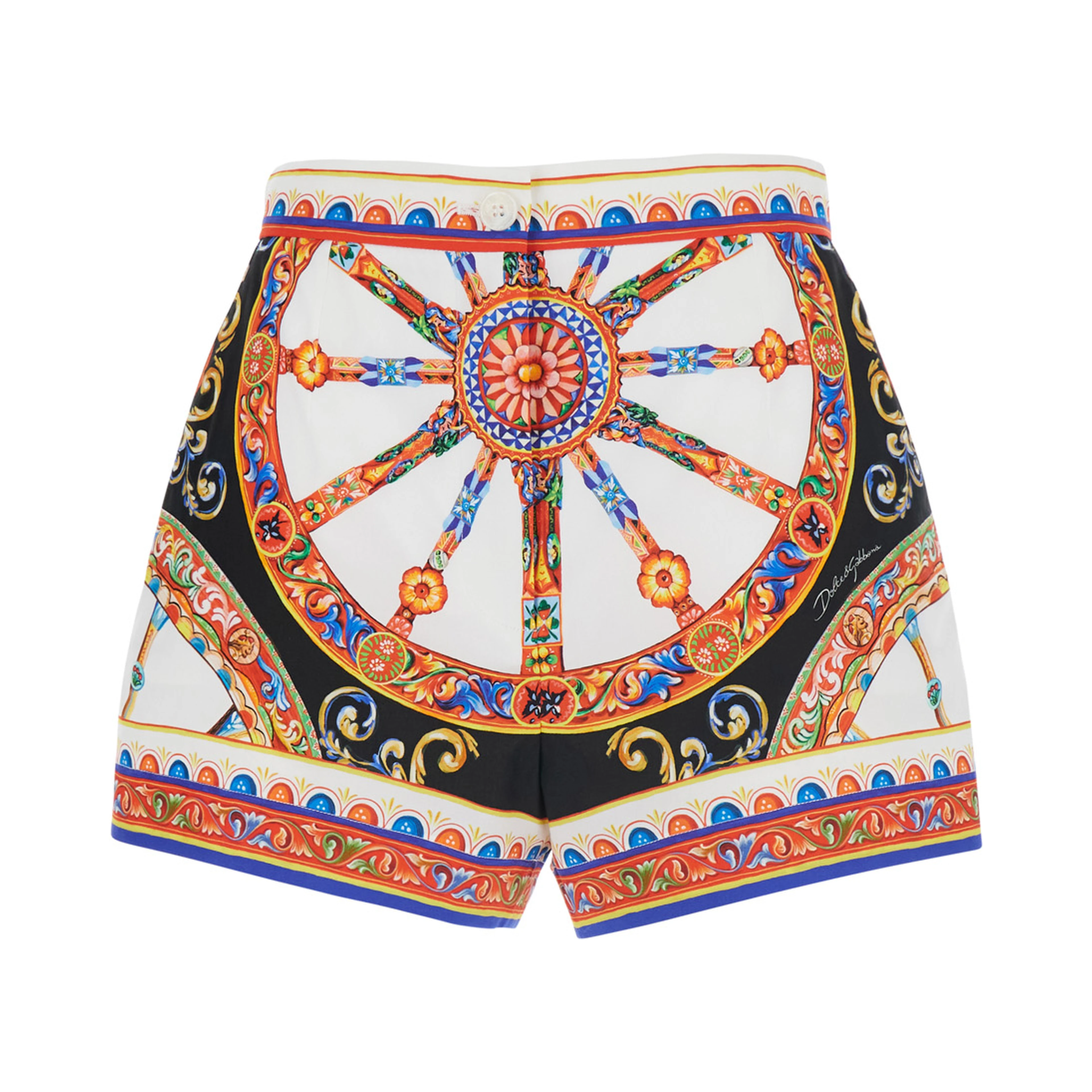 Multicolor Shorts with front belt and Carretto print in cotton for women